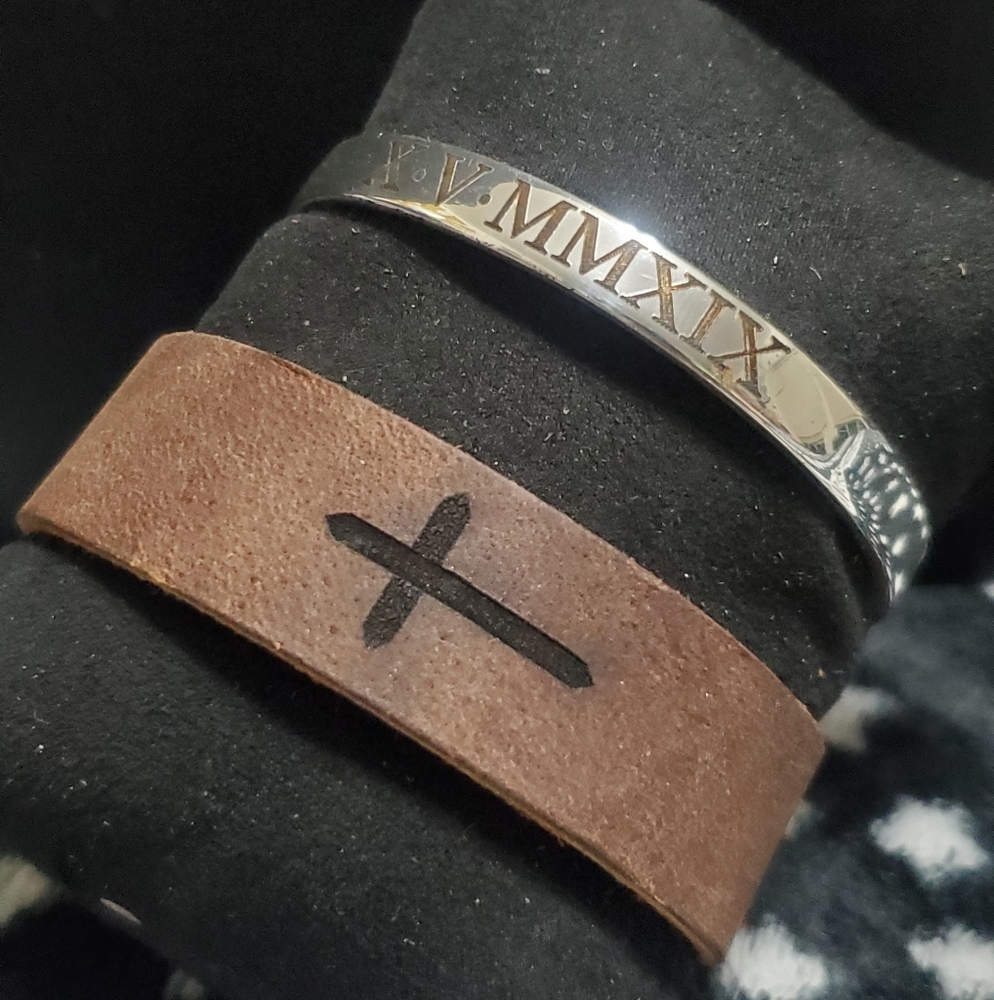 Silver and Brown Leather Bracelet Duo with Roman Numerals